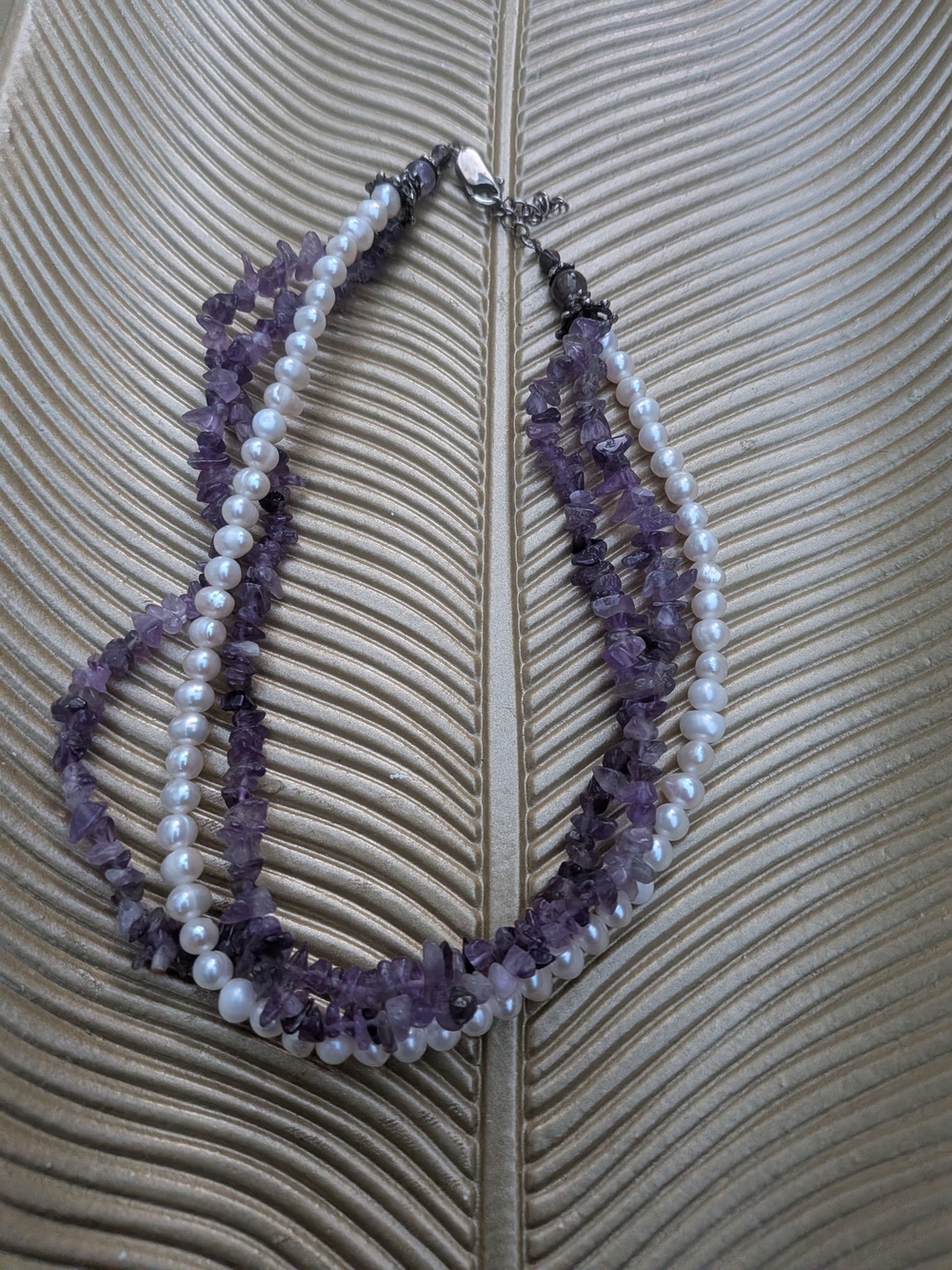 Purple Amethyst Crystal & White Pearl Multi-Strand Choker 15 Inch